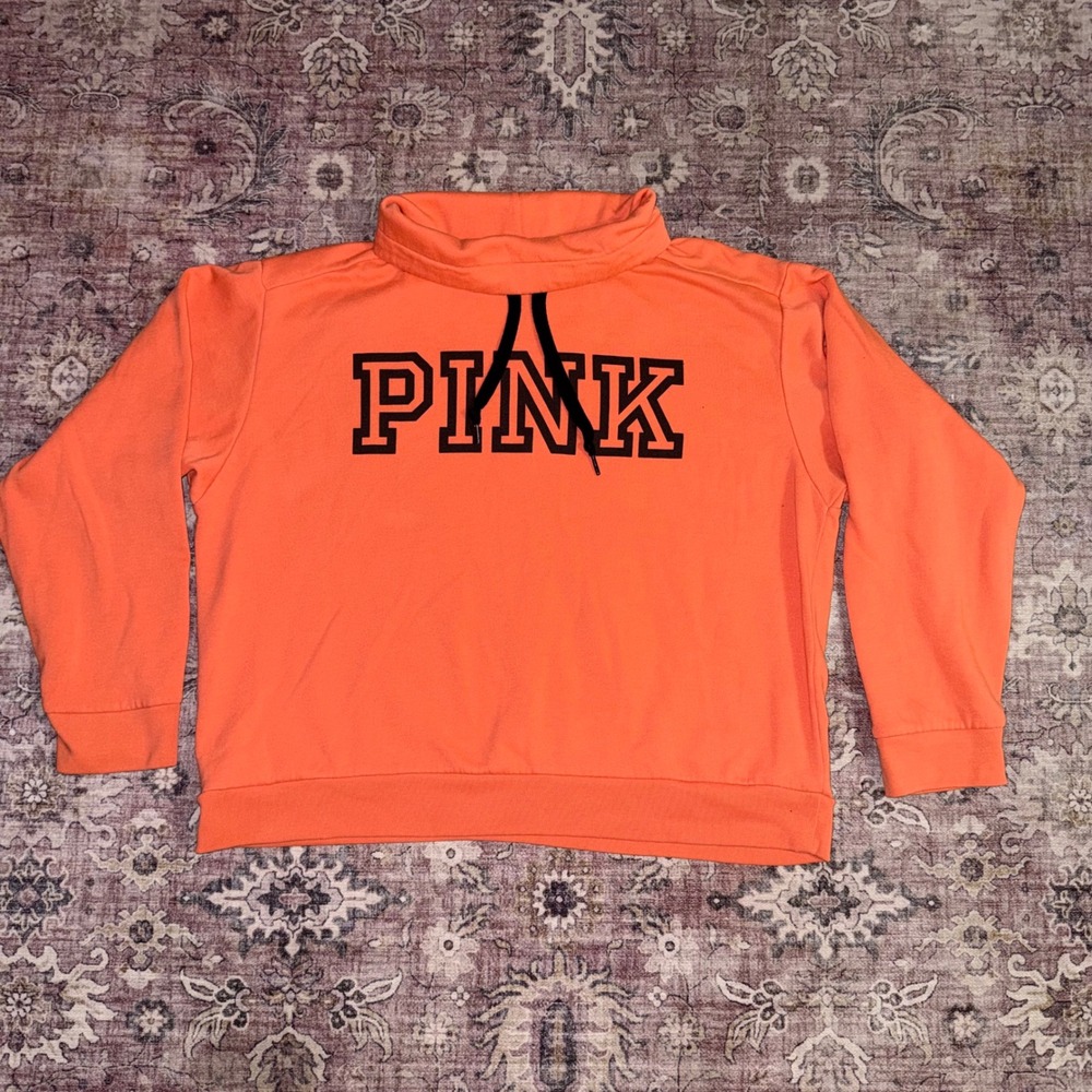 Victoria's Secret PINK Cowl Neck Sweatshirt Neon Orange XL Pullover Logo